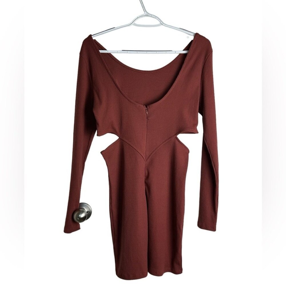 Open Edit Womens Rust Ribbed Cutout Long-Sleeve Mini Dress Size M - Picture 2 of 11